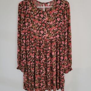 Nordstrom BP. Pink Floral Long Sleeve Keyhole Dress on Black Small